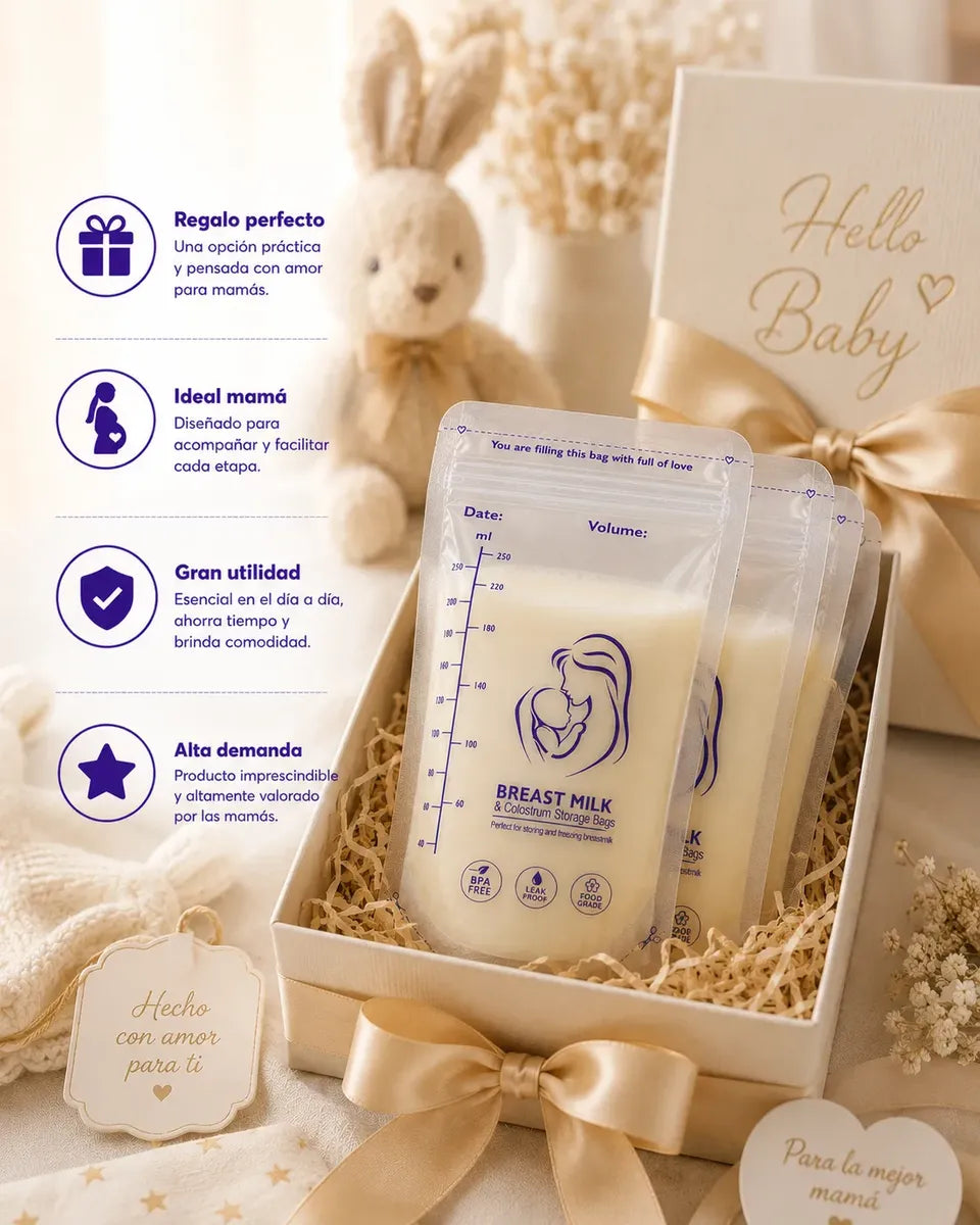 Bolsas recolectoras de leche materna EmpiBy de 120 ml en caja de regalo con cierre hermético y zona de escritura