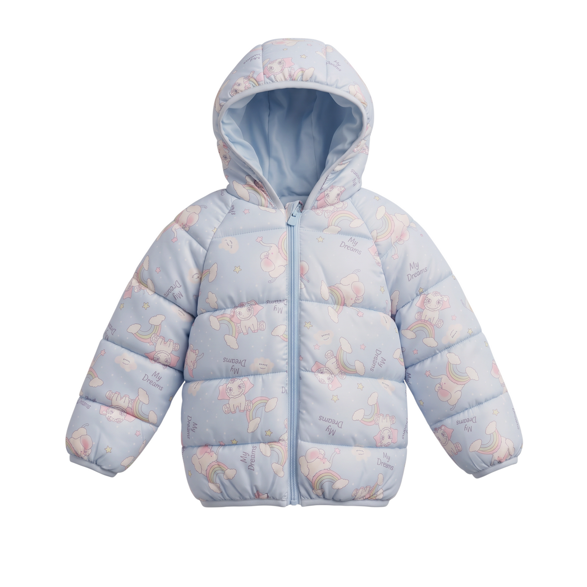 Chaqueta acolchada EmpiBy azul celeste con capucha y estampado de elefantitos, arcoíris y estrellas para niñas.