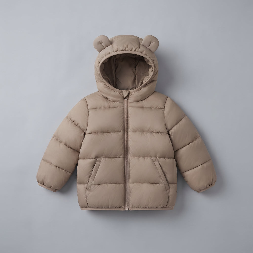 Chaqueta acolchada EmpiBy color beige para bebé con capucha y orejitas de oso decorativas, cierre frontal de cremallera