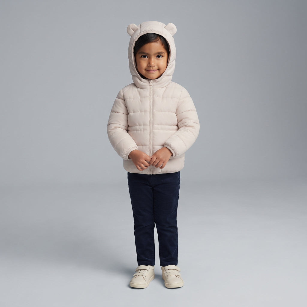 Niña pequeña vistiendo chaqueta acolchada EmpiBy Little Bear color beige con capucha de orejitas de oso