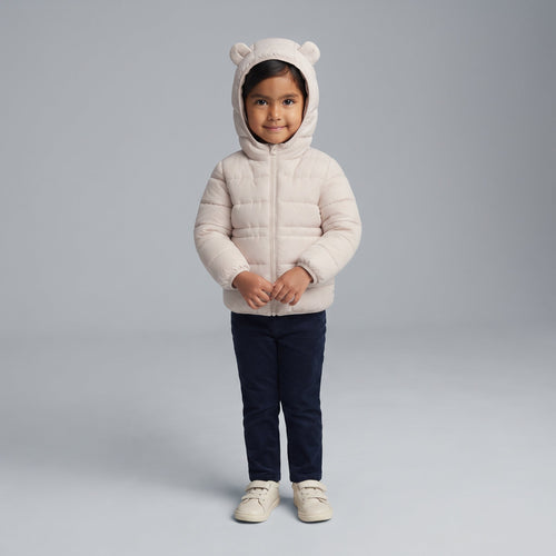 Niña pequeña vistiendo chaqueta acolchada EmpiBy Little Bear color beige con capucha de orejitas de oso