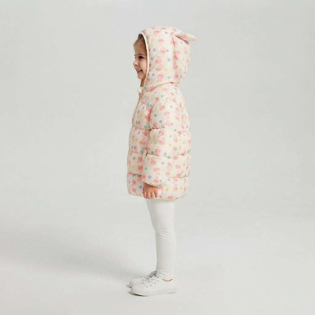 Niña vistiendo chaqueta acolchada EmpiBy con estampado de conejitos y capucha con orejas en vista lateral