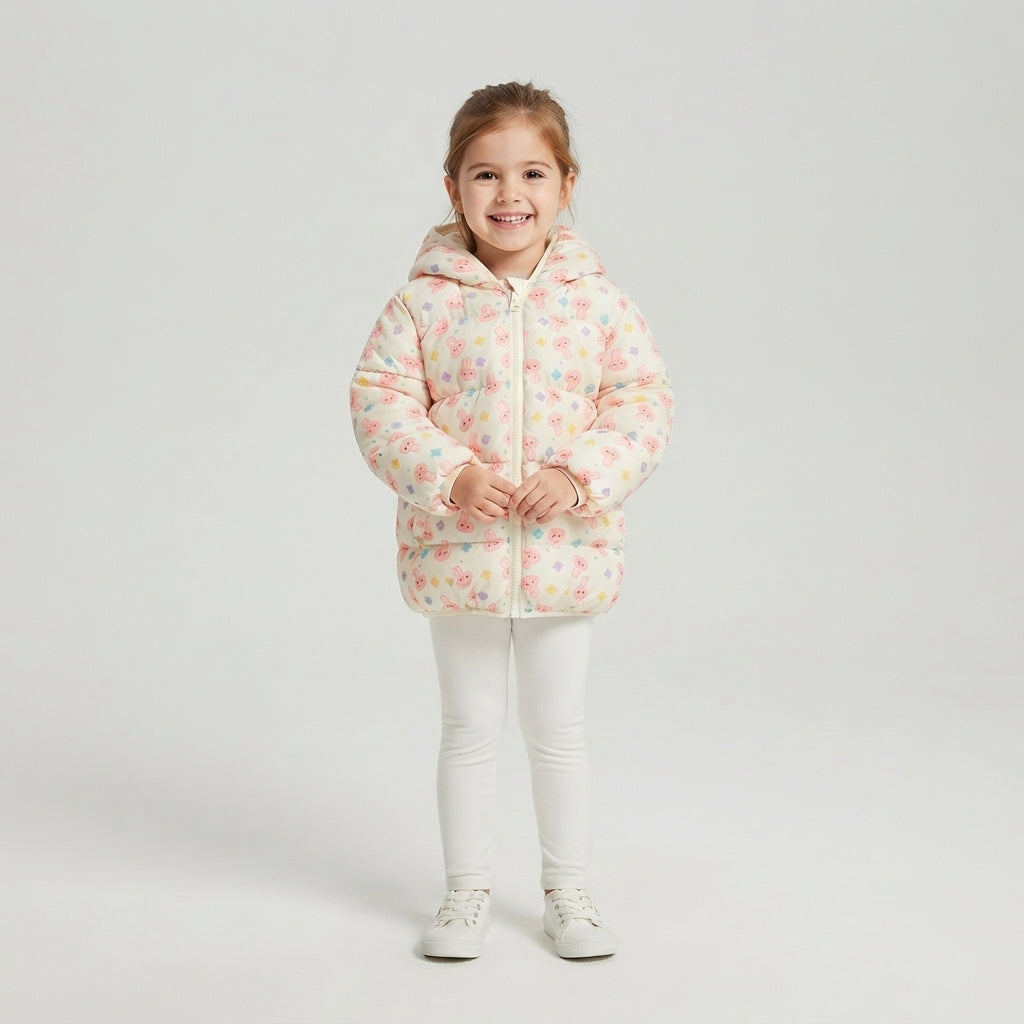 Niña sonriente vistiendo chaqueta acolchada EmpiBy con estampado de conejitos en tonos suaves y capucha