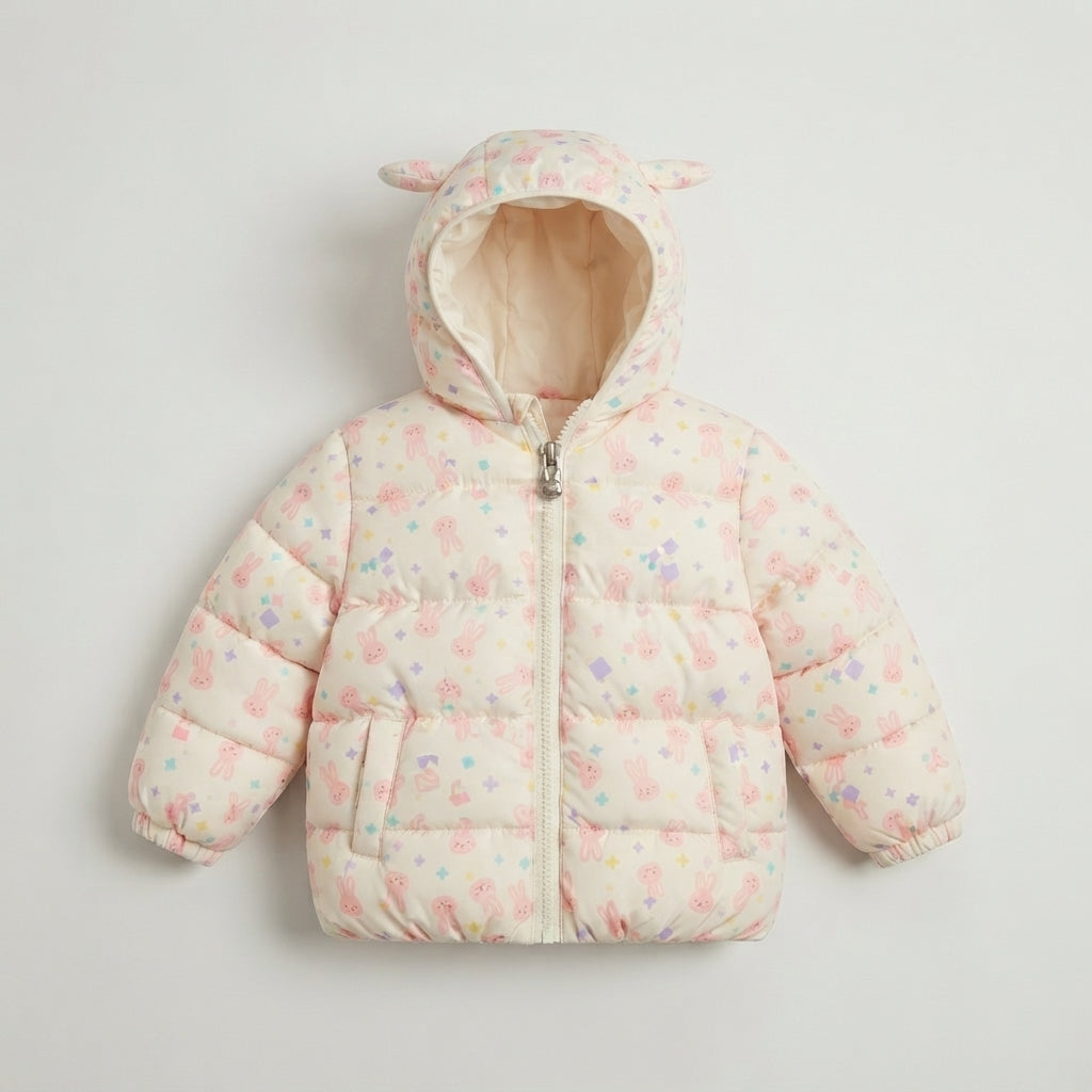 Chaqueta acolchada EmpiBy para niña en color crema con estampado de conejitos y capucha con orejitas decorativas.