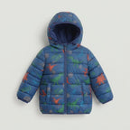 Chaqueta acolchada EmpiBy Dino-Aventura azul con estampado de dinosaurios coloridos y capucha para niños