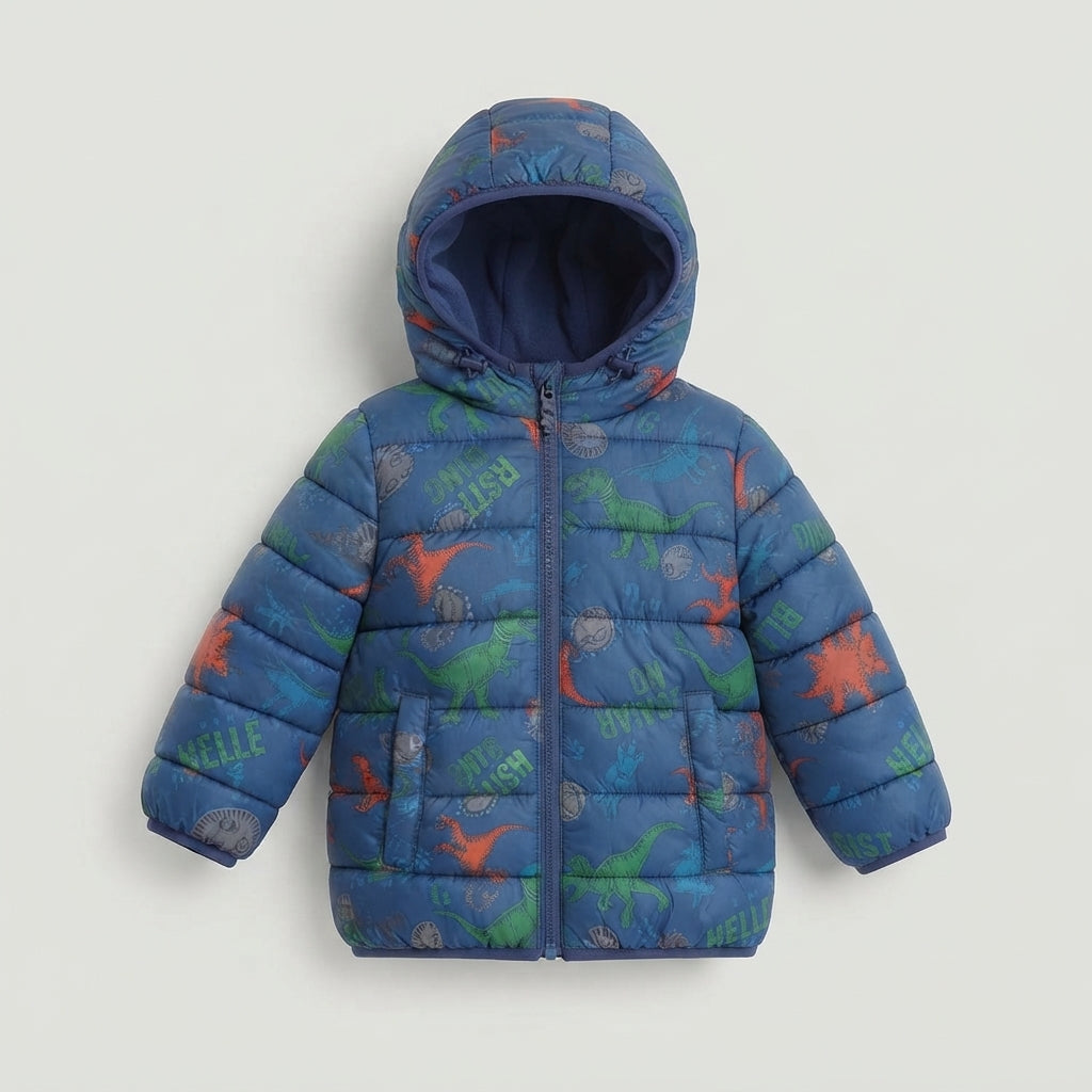 Chaqueta acolchada EmpiBy Dino-Aventura azul con estampado de dinosaurios coloridos y capucha para niños