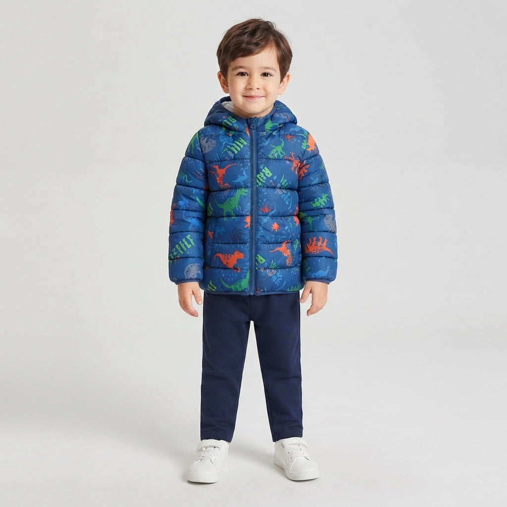 Niño vistiendo chaqueta acolchada azul EmpiBy con estampado de dinosaurios coloridos y capucha sobre fondo claro