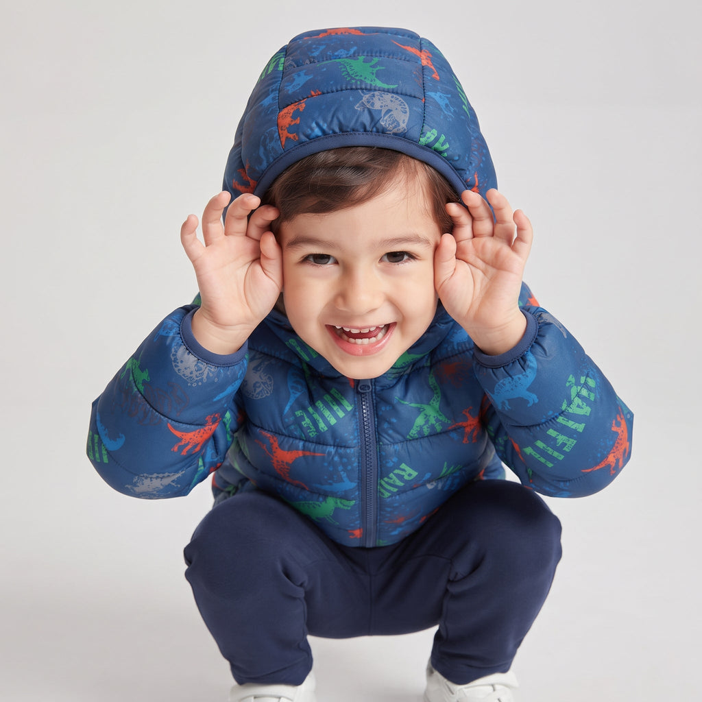 Niño sonriente vistiendo chaqueta acolchada azul EmpiBy con estampado de dinosaurios coloridos y capucha