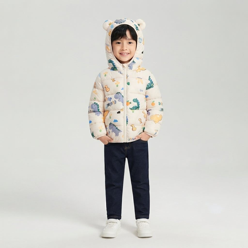 Niño sonriente con chaqueta acolchada EmpiBy color crema claro con estampado de dinosaurios y capucha con orejitas