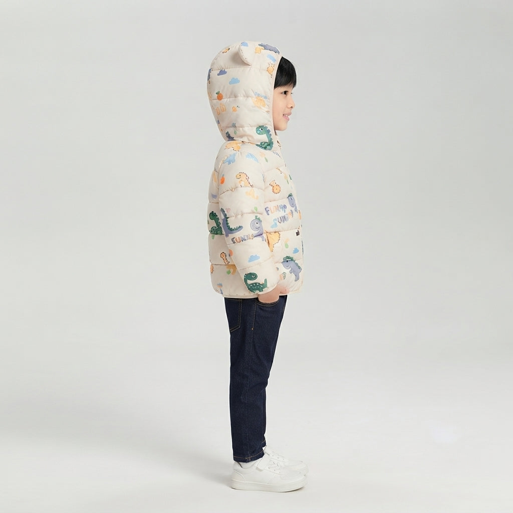 Niño de perfil vistiendo chaqueta acolchada EmpiBy color crema con estampado de dinosaurios y capucha con orejas