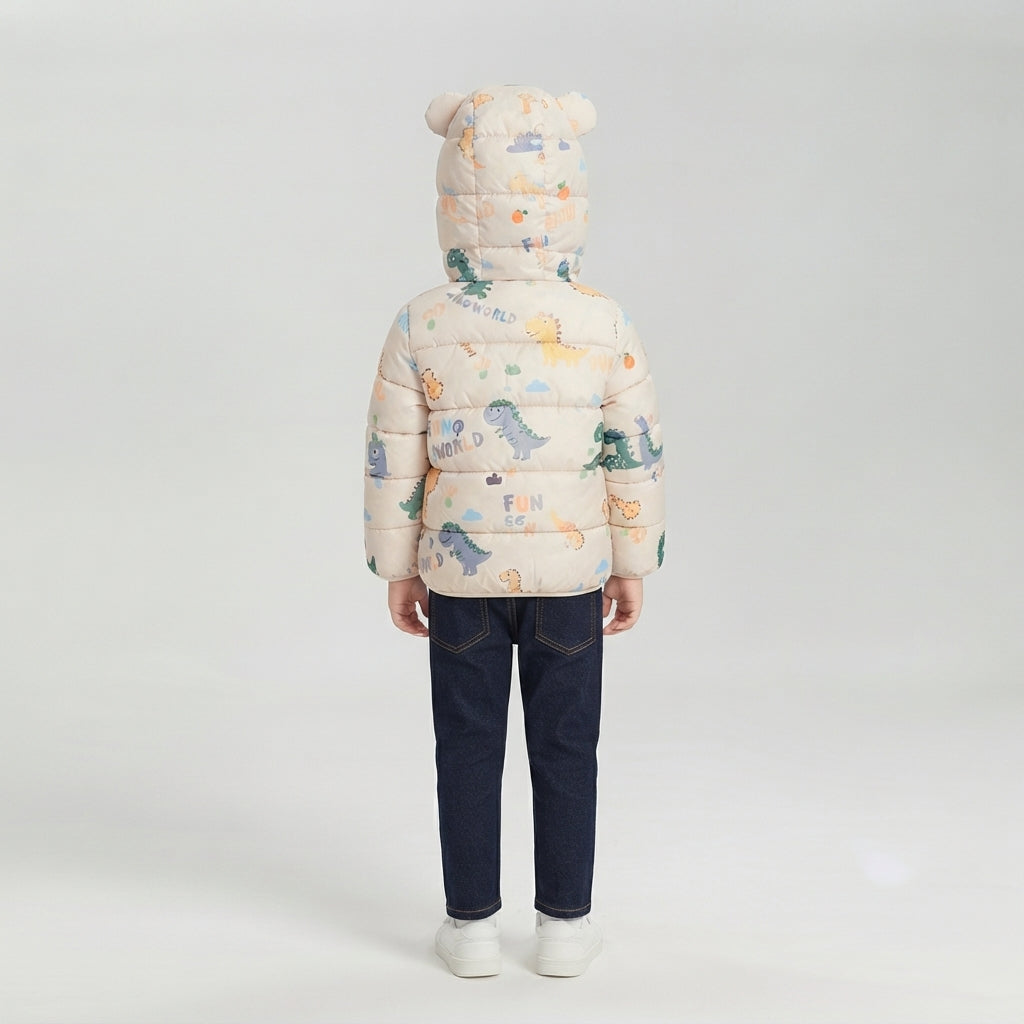Chaqueta acolchada EmpiBy color crema con estampado de dinosaurios y capucha con orejas para niño, vista trasera