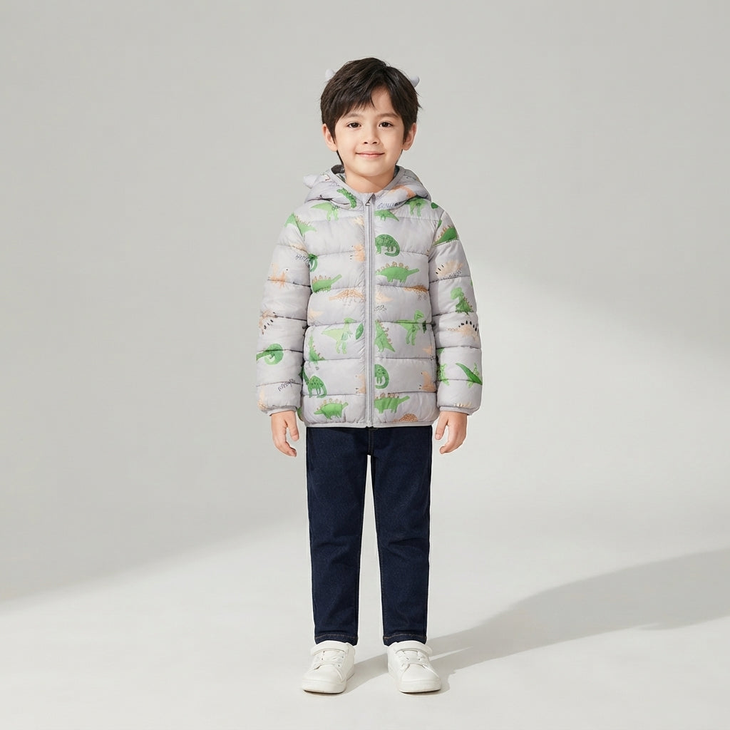 Niño vistiendo chaqueta acolchada gris EmpiBy con estampado de dinosaurios y capucha, ideal para días fríos.