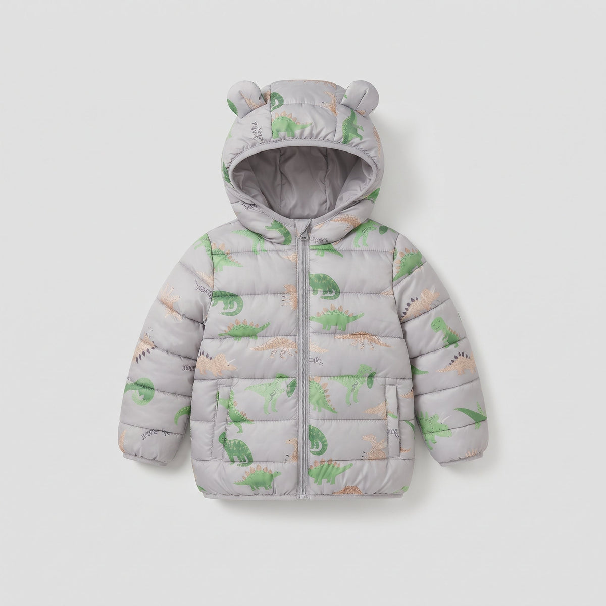 Chaqueta acolchada gris EmpiBy para niño con estampado de dinosaurios y capucha con orejas decorativas