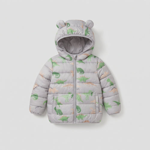 Chaqueta acolchada gris EmpiBy para niño con estampado de dinosaurios y capucha con orejas decorativas