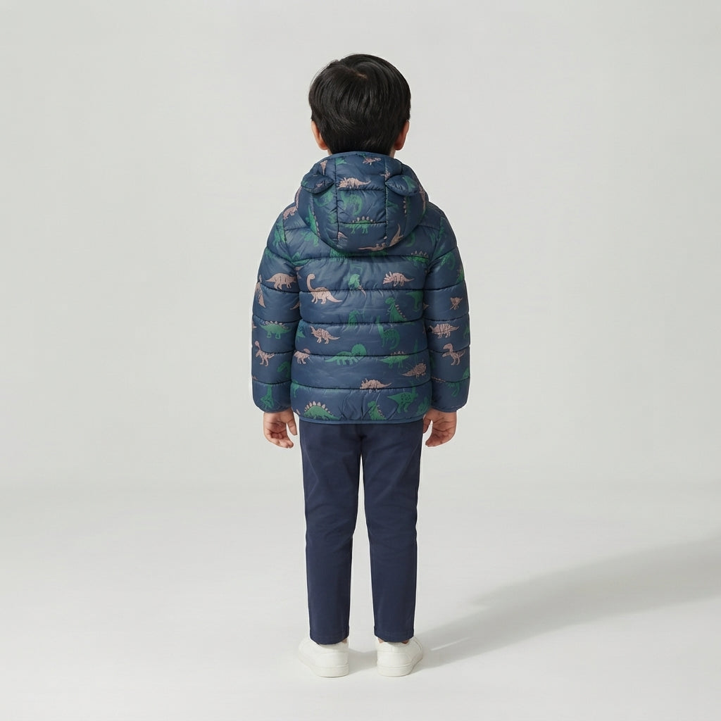 Niño de espaldas vistiendo chaqueta acolchada EmpiBy azul marino con estampado de dinosaurios y capucha