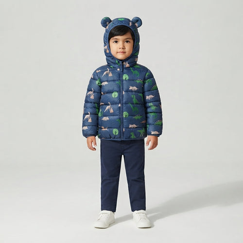 Niño vistiendo chaqueta acolchada azul EmpiBy con estampado de dinosaurios Mundo Jurásico y capucha con orejas