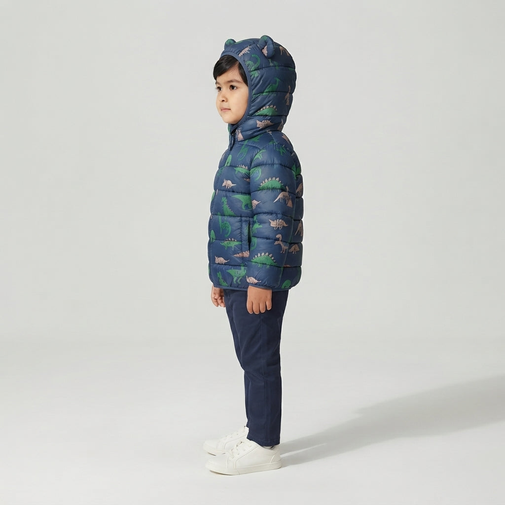 Niño vistiendo chaqueta acolchada EmpiBy azul con estampado de dinosaurios y capucha con orejas de dinosaurio