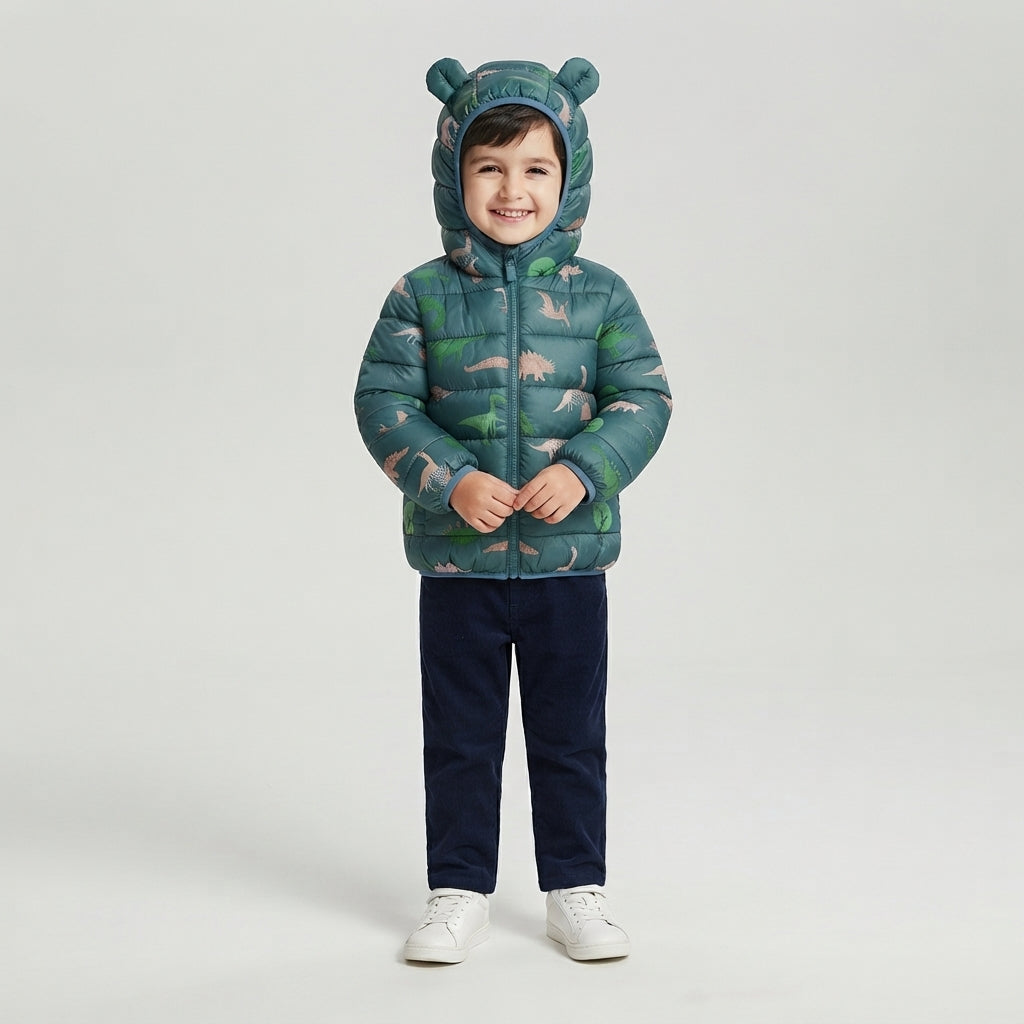 Niño sonriente vistiendo chaqueta acolchada EmpiBy verde bosque con estampado de dinosaurios y capucha con orejas