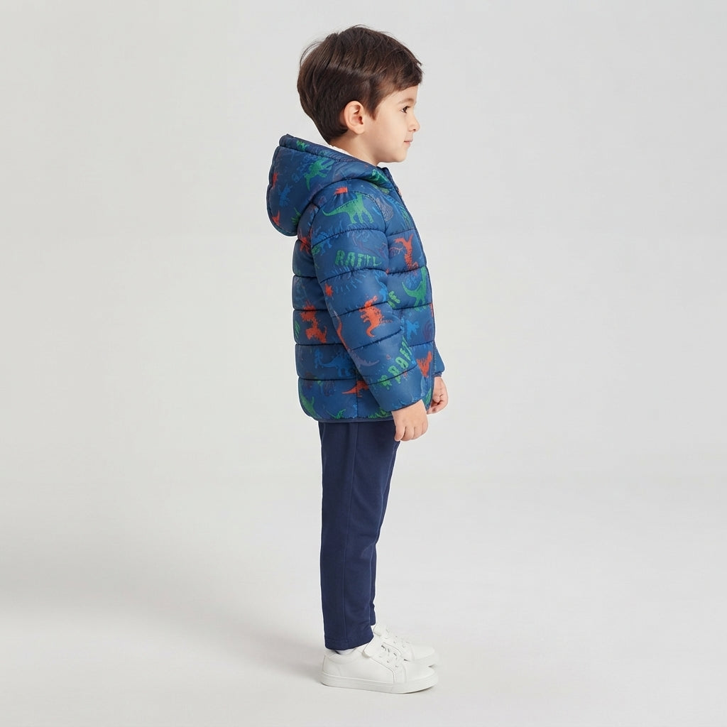 Niño de perfil vistiendo chaqueta acolchada EmpiBy azul con estampado de dinosaurios coloridos y capucha