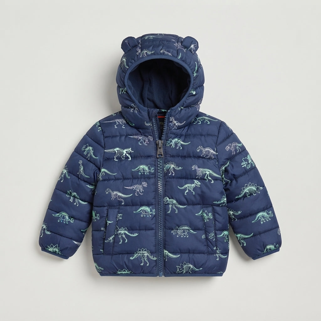 Chaqueta acolchada EmpiBy azul marino con estampado de esqueletos de dinosaurios y capucha con orejas para niños