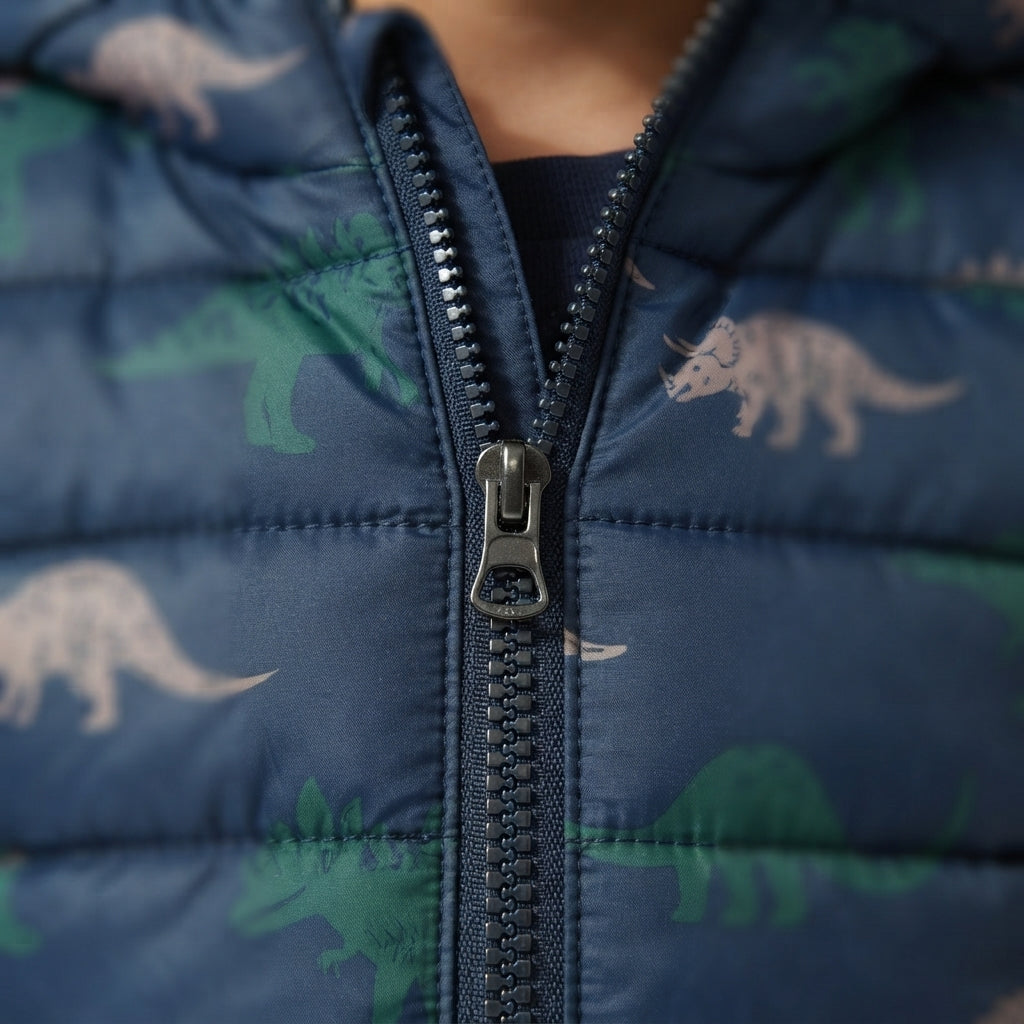 Detalle de cremallera en chaqueta acolchada azul EmpiBy con estampado de dinosaurios del Mundo Jurásico