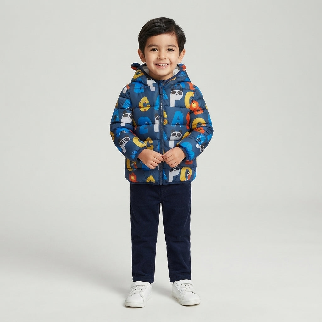 Niño vistiendo chaqueta acolchada EmpiBy azul con estampado colorido de animales y letras del abecedario