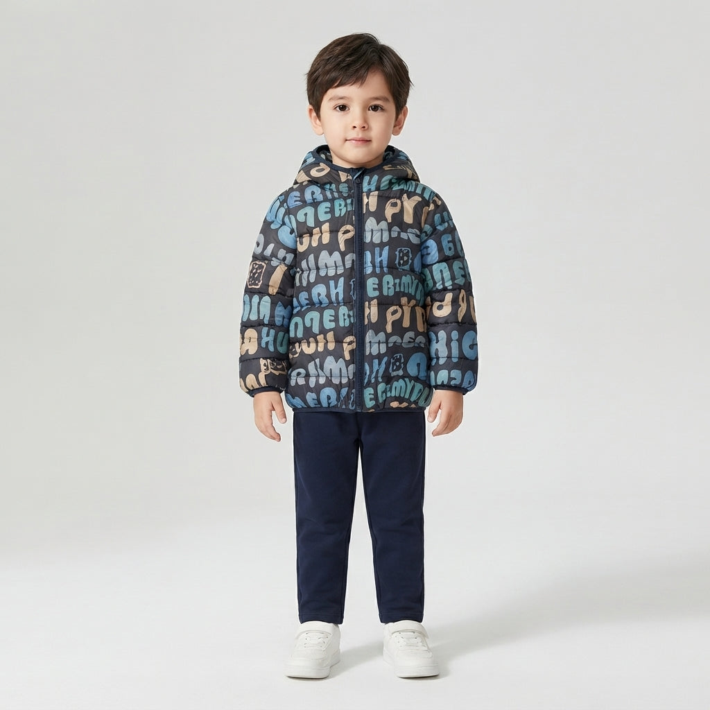 Niño vistiendo chaqueta acolchada EmpiBy con capucha y estampado de letras coloridas sobre fondo azul oscuro