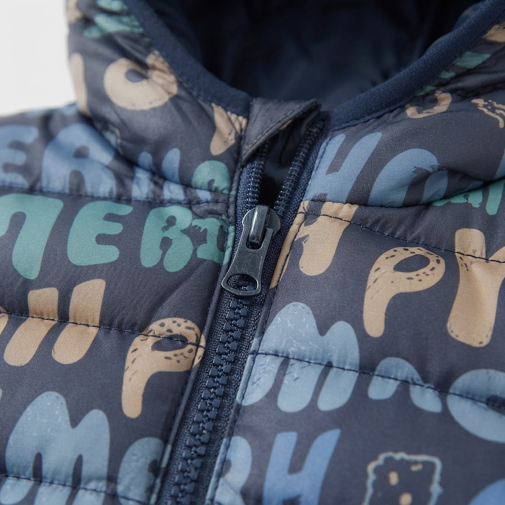 Chaqueta acolchada EmpiBy para niños con estampado de letras coloridas, capucha y cierre de cremallera azul marino