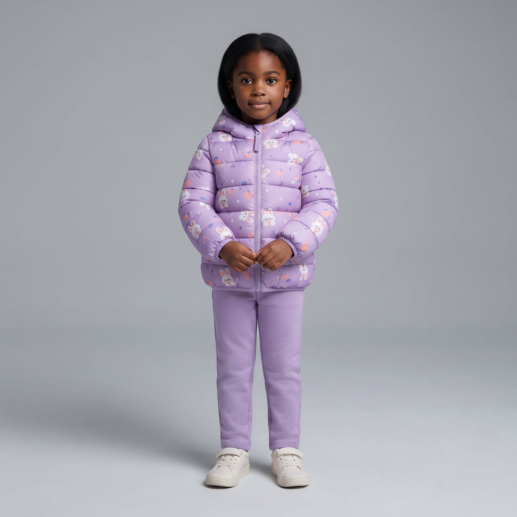 Niña vistiendo chaqueta acolchada EmpiBy color lavanda con estampado de conejitos y capucha, estilo casual y tierno.