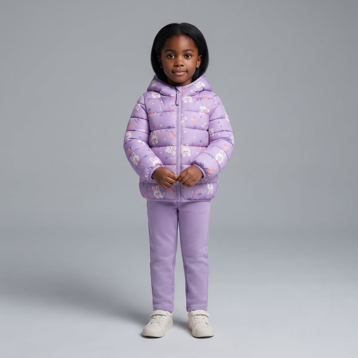 Niña vistiendo chaqueta acolchada EmpiBy color lavanda con estampado de conejitos y capucha, estilo casual y tierno.