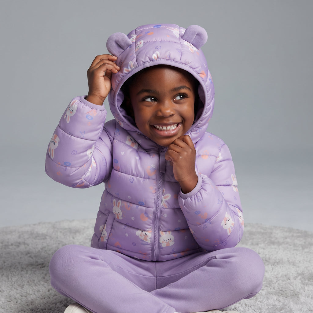Niña sonriente con chaqueta acolchada EmpiBy lavanda con estampado de conejitos y capucha con orejas