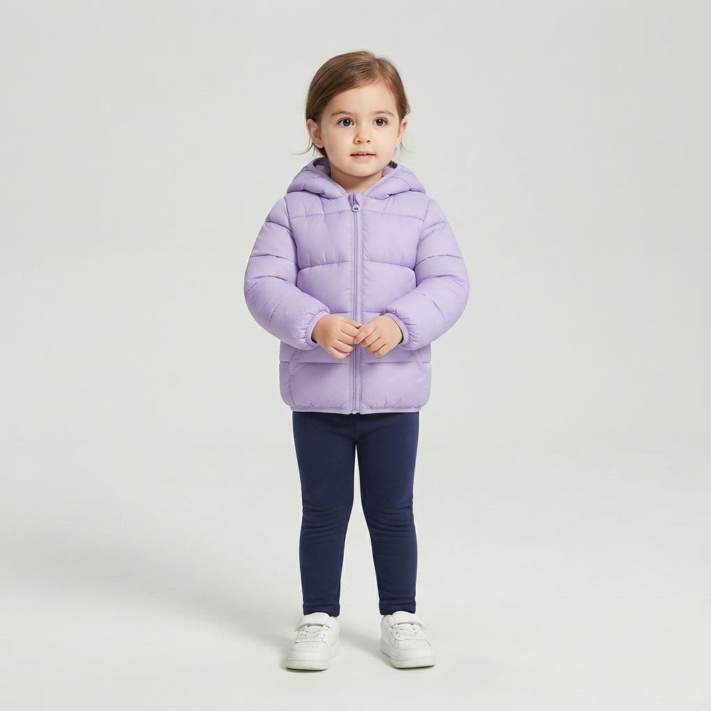 Niña pequeña vistiendo chaqueta acolchada EmpiBy color lila con capucha y orejitas decorativas sobre fondo neutro
