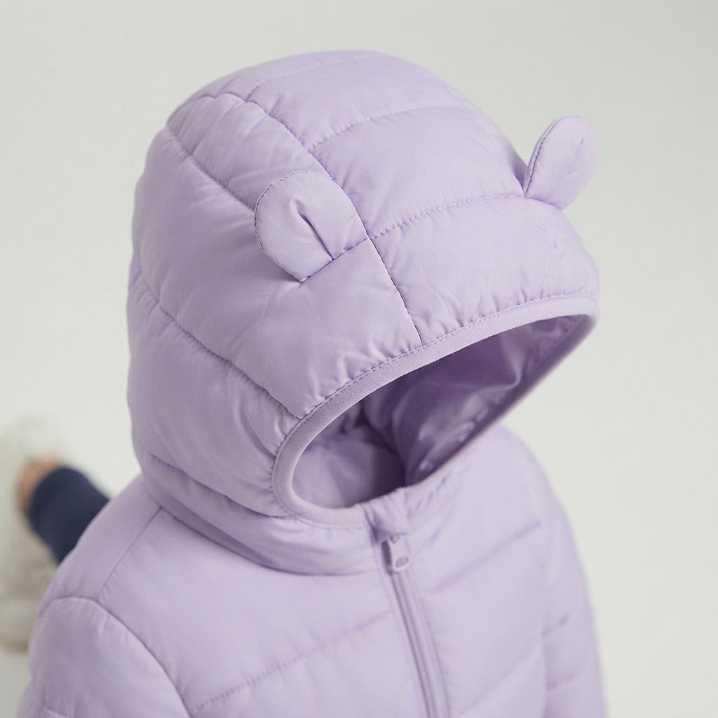 Chaqueta acolchada EmpiBy color lila con capucha y orejitas decorativas para niños