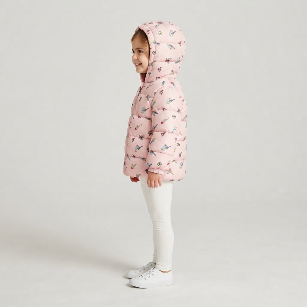 Niña vistiendo chaqueta acolchada EmpiBy rosa con estampado de pajaritos y capucha, vista lateral