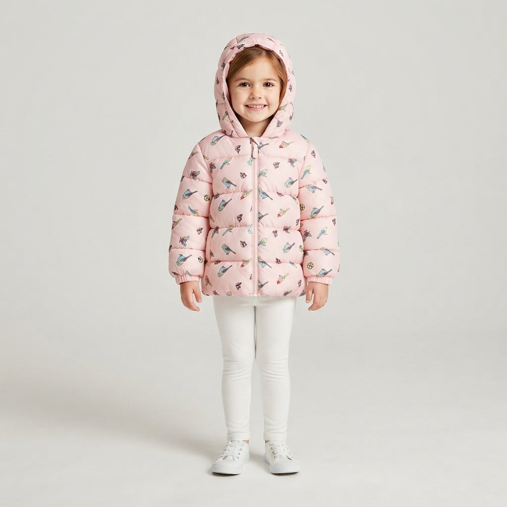 Niña sonriente vistiendo chaqueta acolchada rosa EmpiBy con estampado de pajaritos y capucha