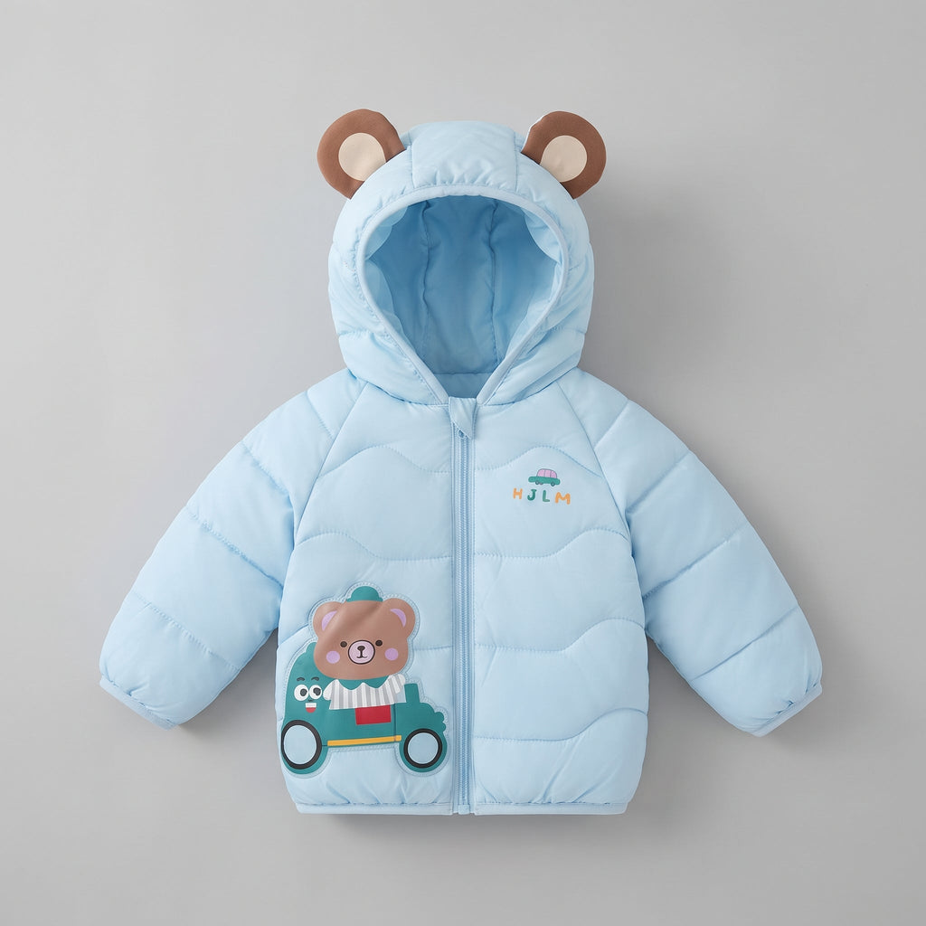 Chaqueta acolchada EmpiBy azul claro con capucha de orejitas de oso y estampado de osito en coche para niños