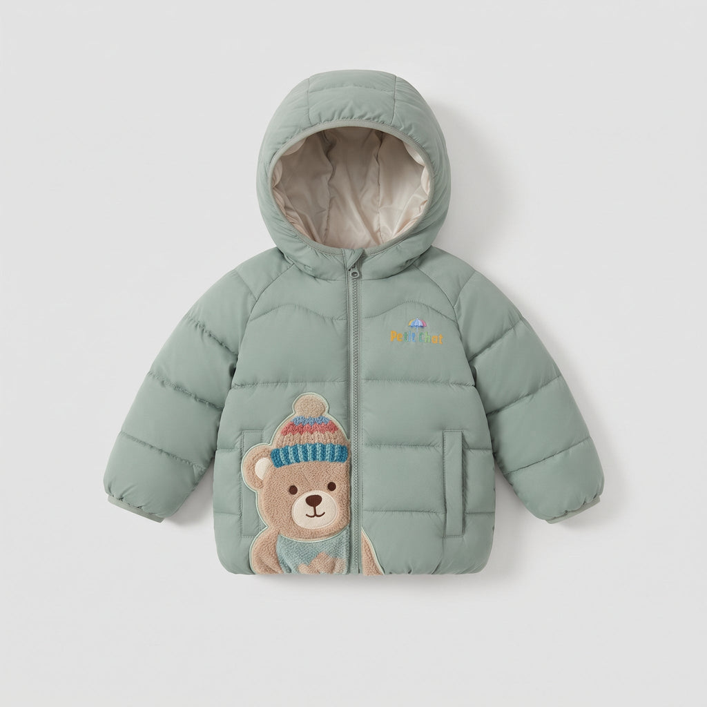Chaqueta acolchada EmpiBy verde menta para niños con capucha y aplique de osito con gorro de lana