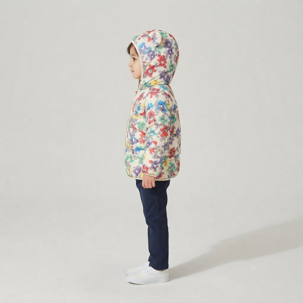Niña vistiendo chaqueta acolchada EmpiBy con estampado de ositos y flores coloridas y capucha con orejas