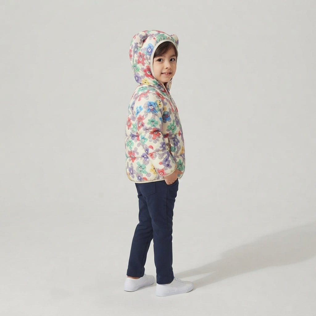 Niña vistiendo chaqueta acolchada EmpiBy con estampado de ositos y flores coloridas y capucha con orejitas