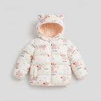 Chaqueta acolchada EmpiBy para niña con estampado de ositos y manzanas, capucha con orejitas y cierre frontal