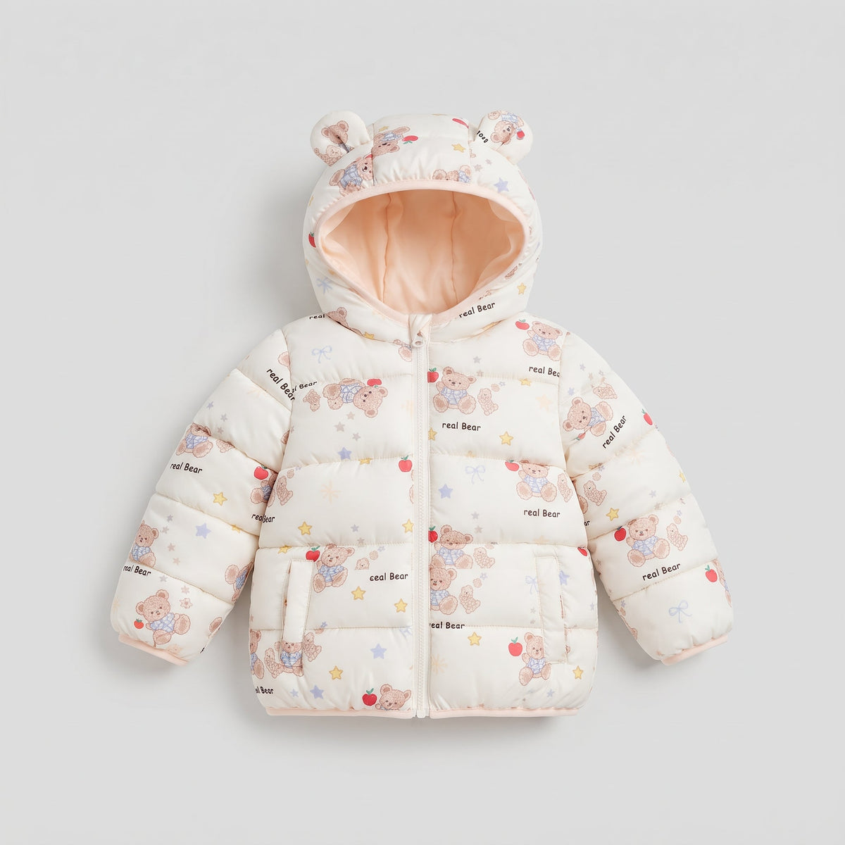 Chaqueta acolchada EmpiBy para niña con estampado de ositos y manzanas, capucha con orejitas y cierre frontal