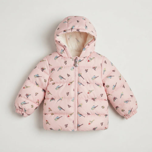 Chaqueta acolchada EmpiBy rosa con estampado de pajaritos coloridos y capucha para niña
