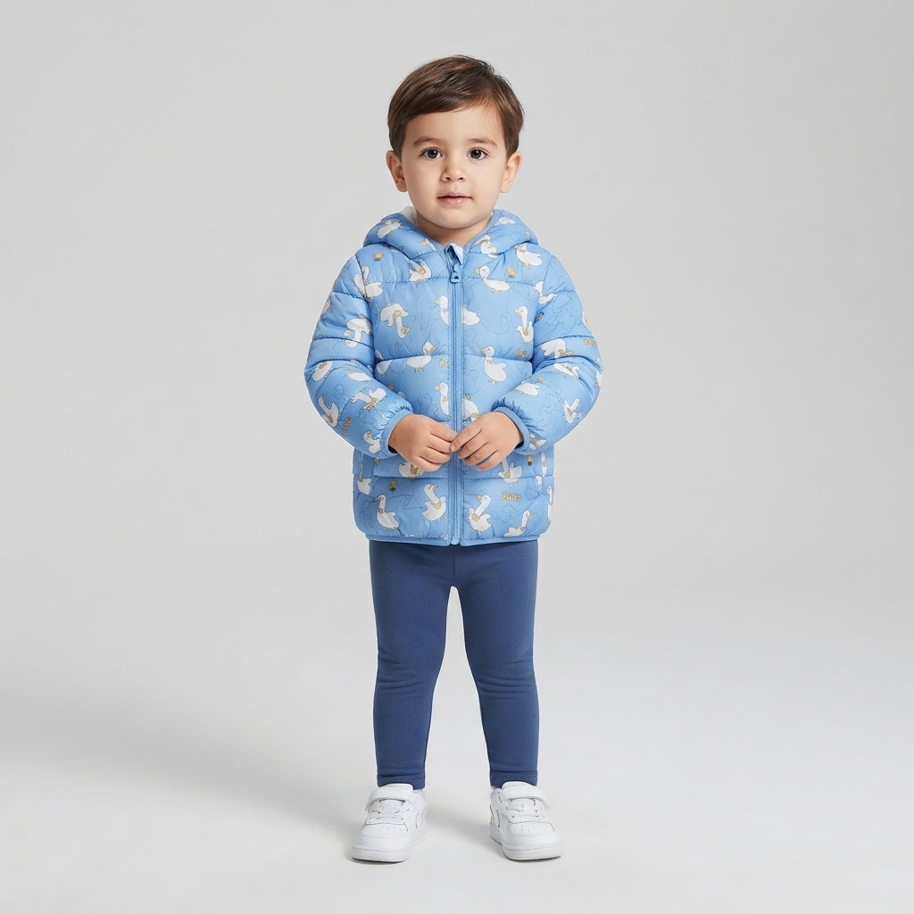 Niño pequeño vistiendo chaqueta acolchada azul EmpiBy con estampado de patitos blancos y capucha