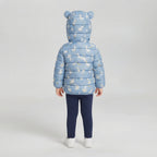 Chaqueta acolchada EmpiBy azul con estampado de patitos y capucha con orejitas para niños vista trasera