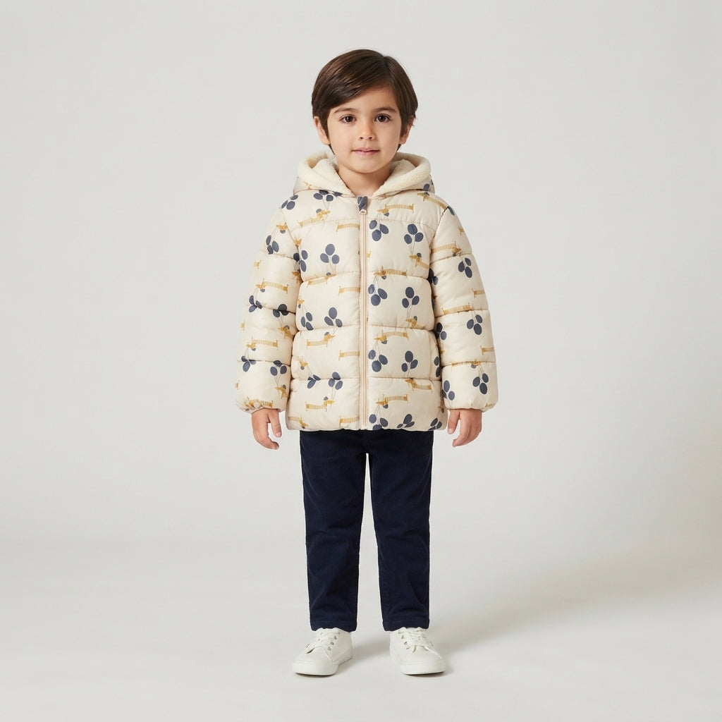 Niño vistiendo chaqueta acolchada EmpiBy color crema con estampado de perritos y capucha con forro suave
