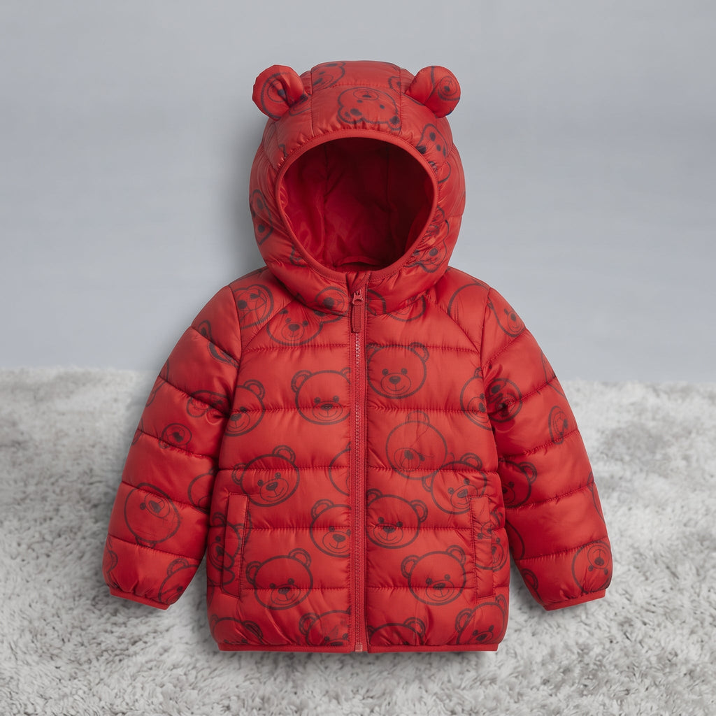 Chaqueta acolchada roja EmpiBy con estampado de caras de oso y capucha con orejas para niños