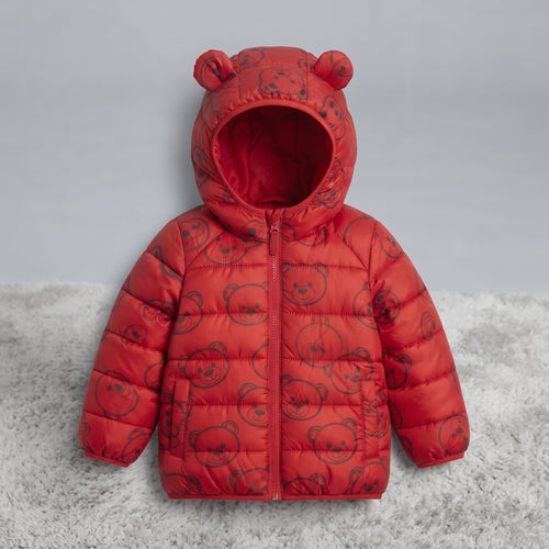 Chaqueta acolchada roja EmpiBy con estampado de caras de oso y capucha con orejas para niños