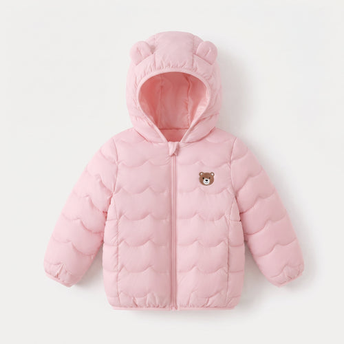 Chaqueta acolchada EmpiBy rosa suave para niña con capucha y detalle de orejitas, diseño minimalista y cálido