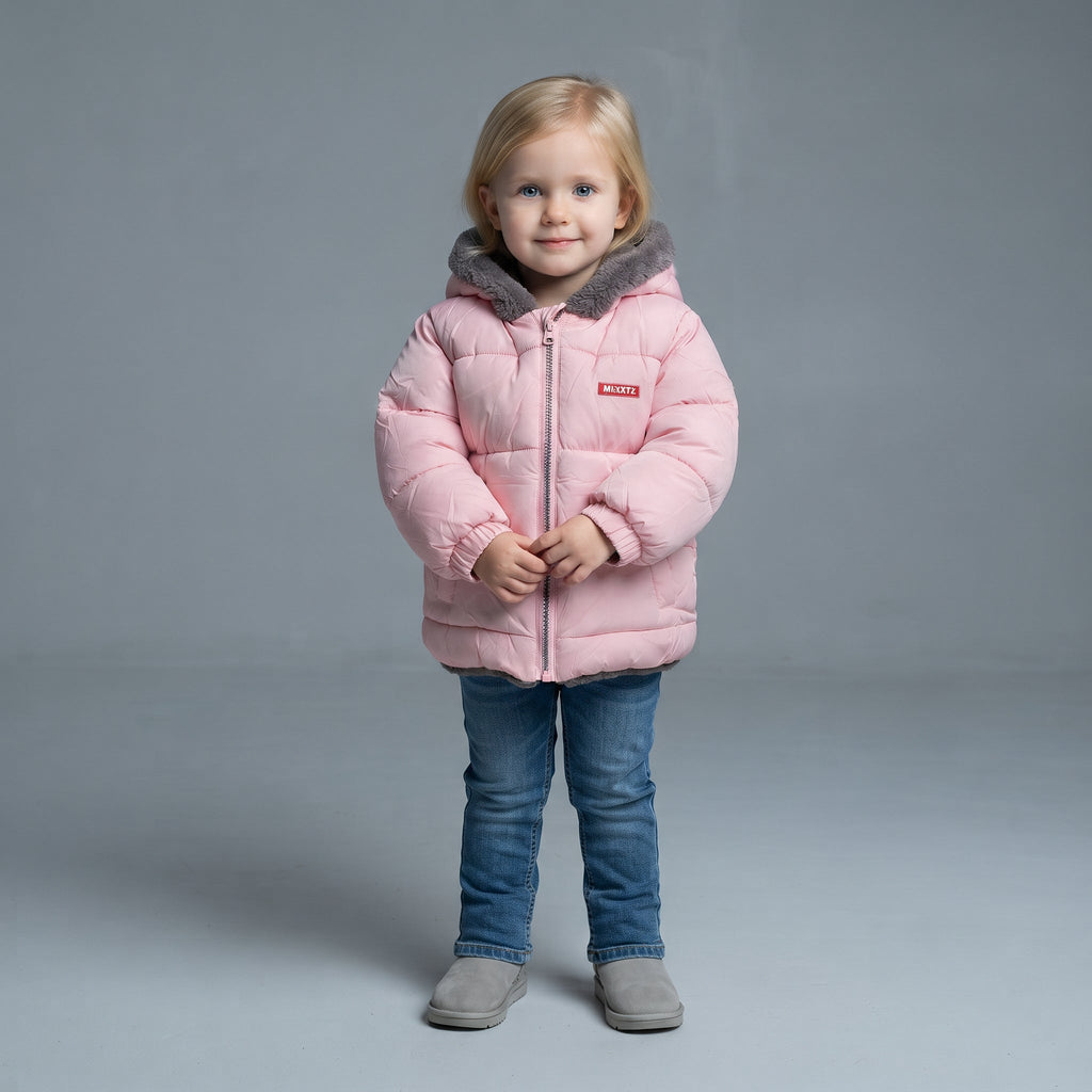 Niña pequeña vistiendo chaqueta acolchada rosa EmpiBy con capucha de forro polar gris y cremallera frontal