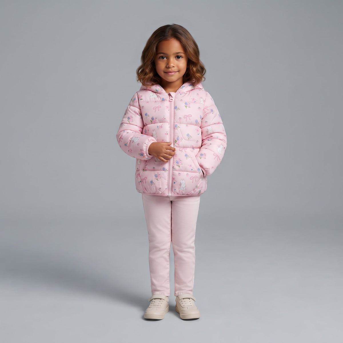 Niña vistiendo chaqueta acolchada rosa EmpiBy con estampado de ositos, flores y lazos, estilo romántico y tierno.